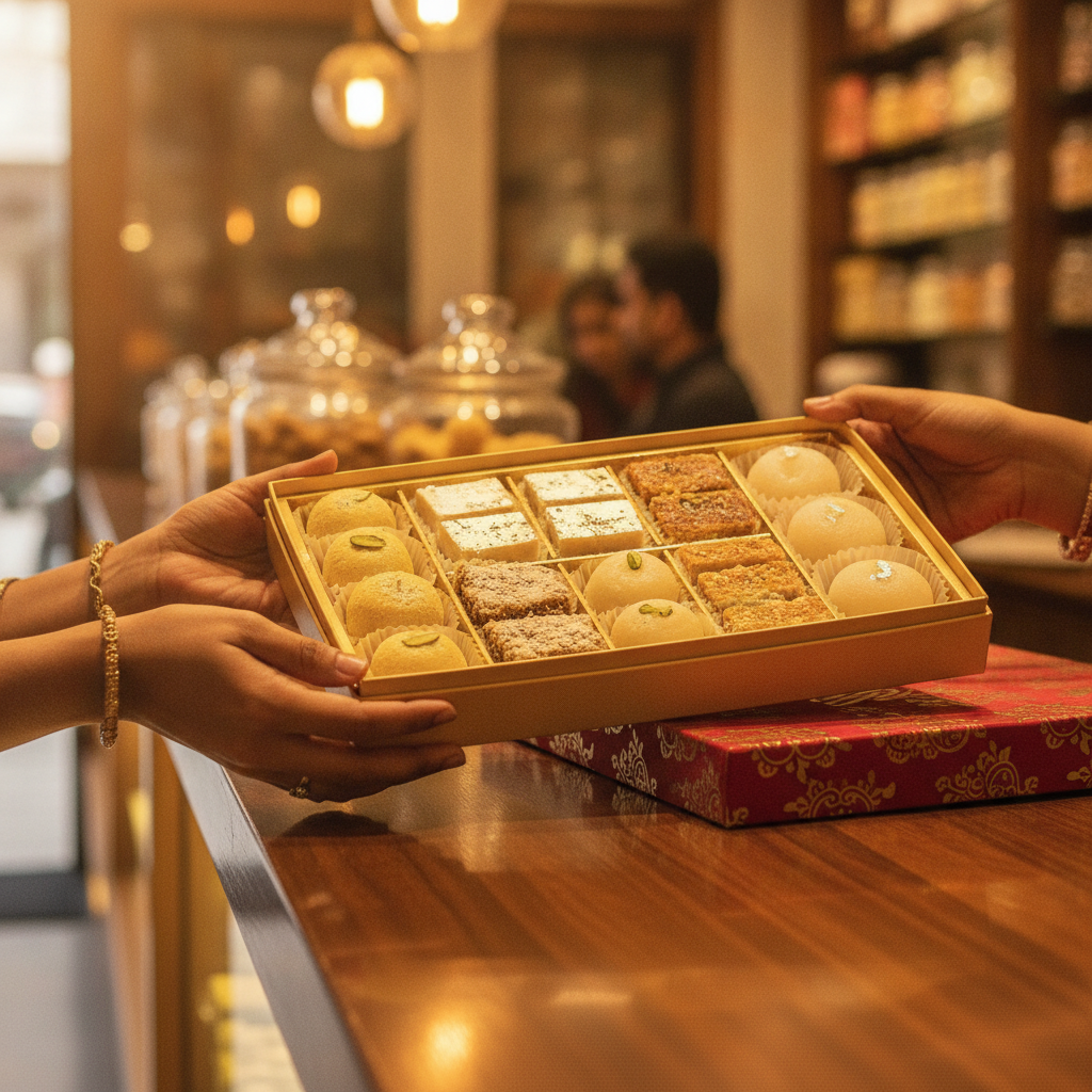 Premium mithai gift box in Brampton featuring milk barfi, peda, kalakand, and ras malai cups