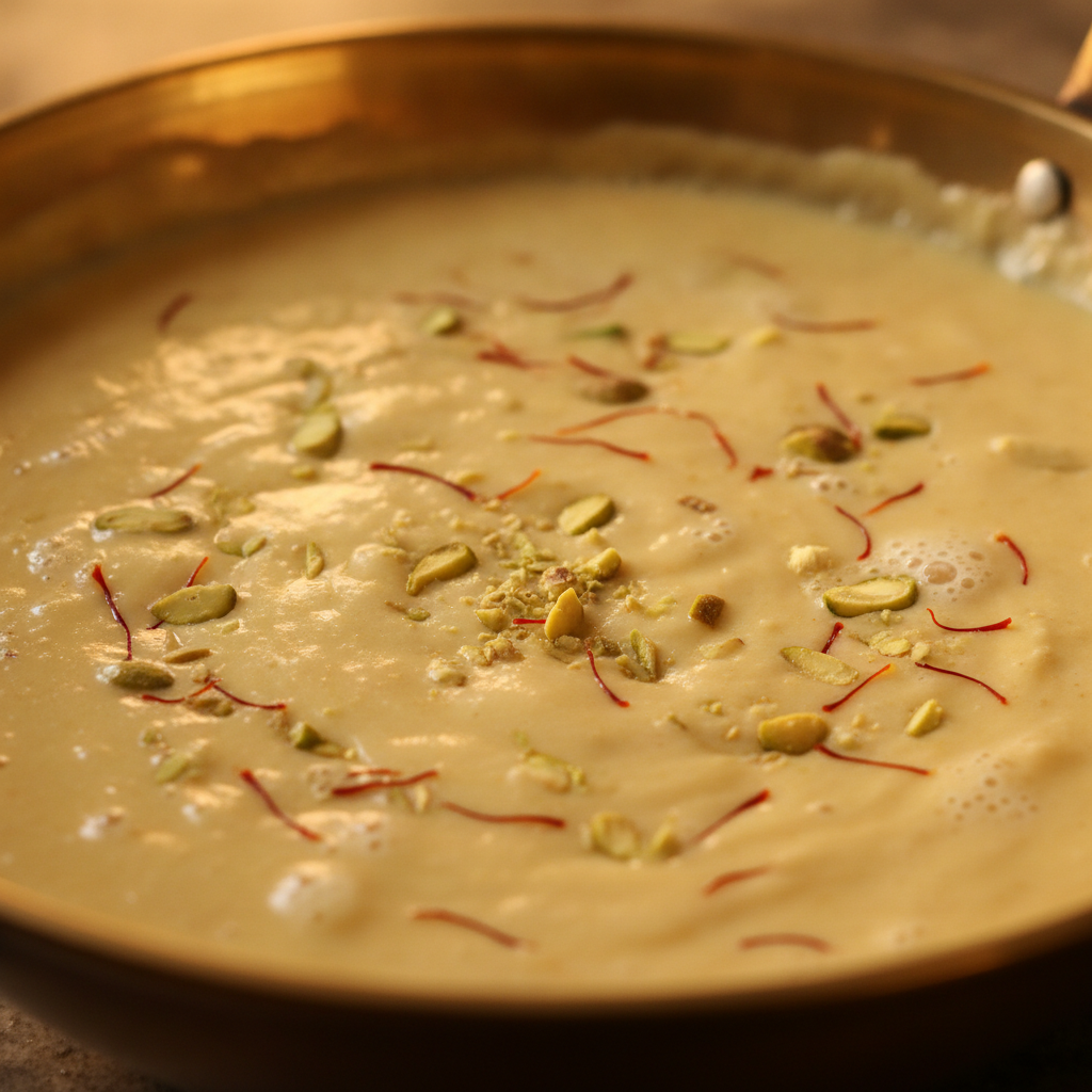 Close-up of saffron rabri reducing in a kadai for Indian desserts with milk