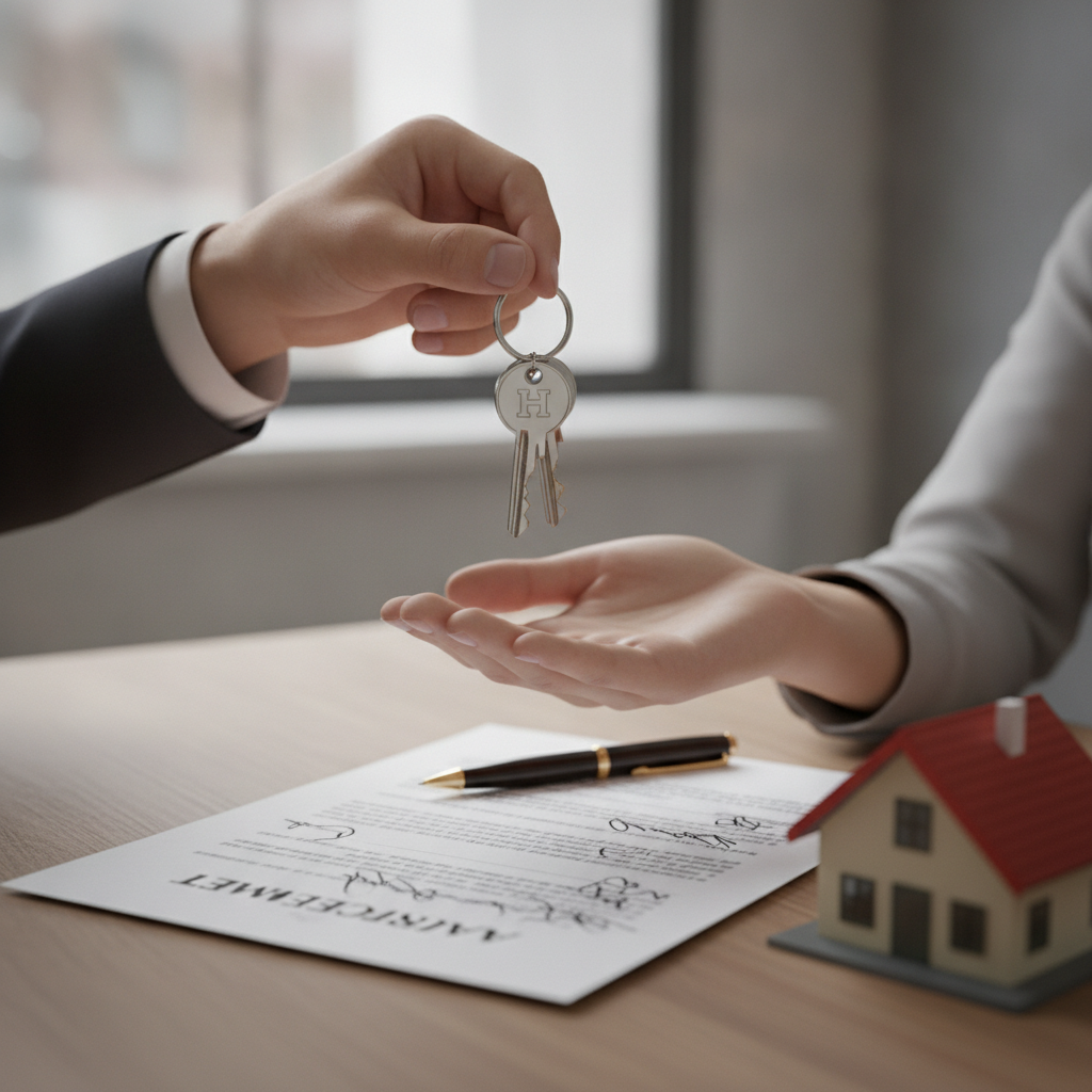 Close-up of a residential real estate broker handing keys over signed agreement, symbolizing buyer representation and closing process in the GTA