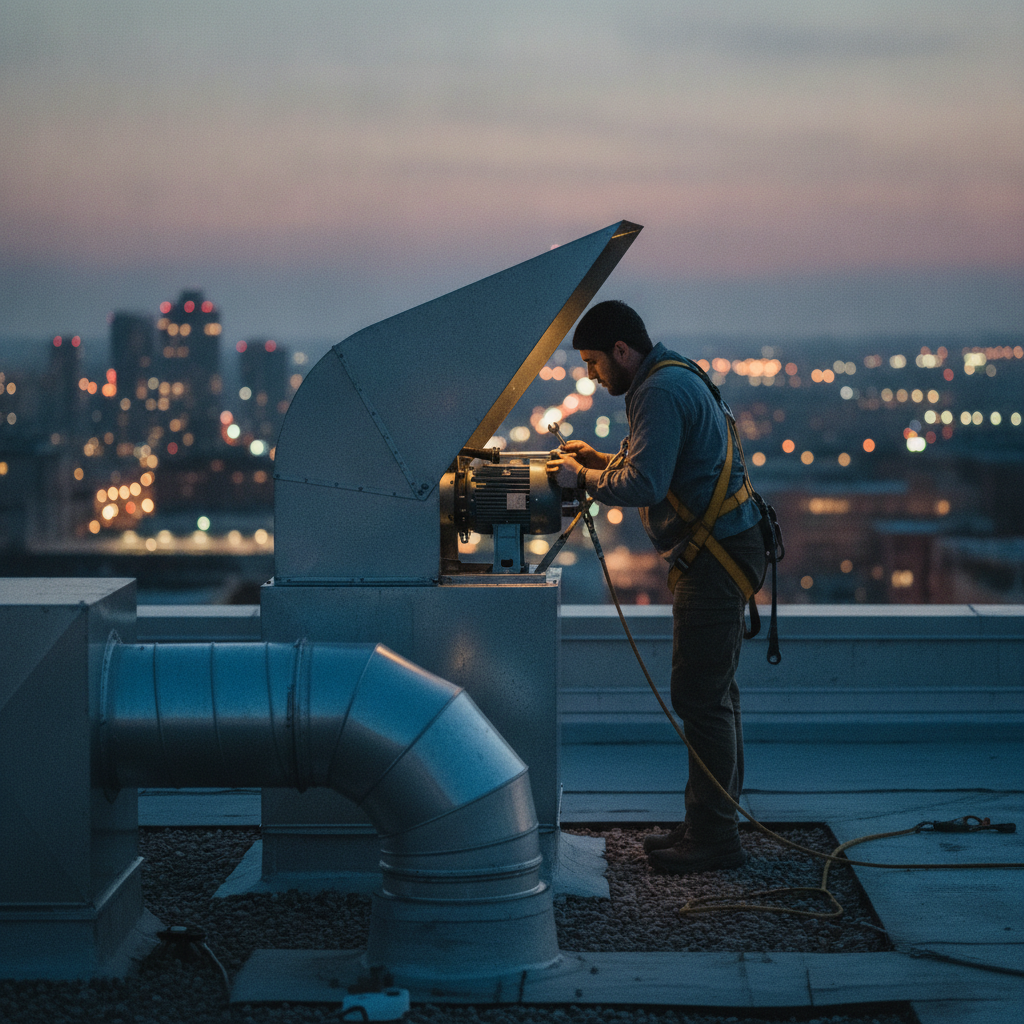 Technician servicing an upblast rooftop fan with hinge kit during professional kitchen exhaust fan cleaning in Ontario