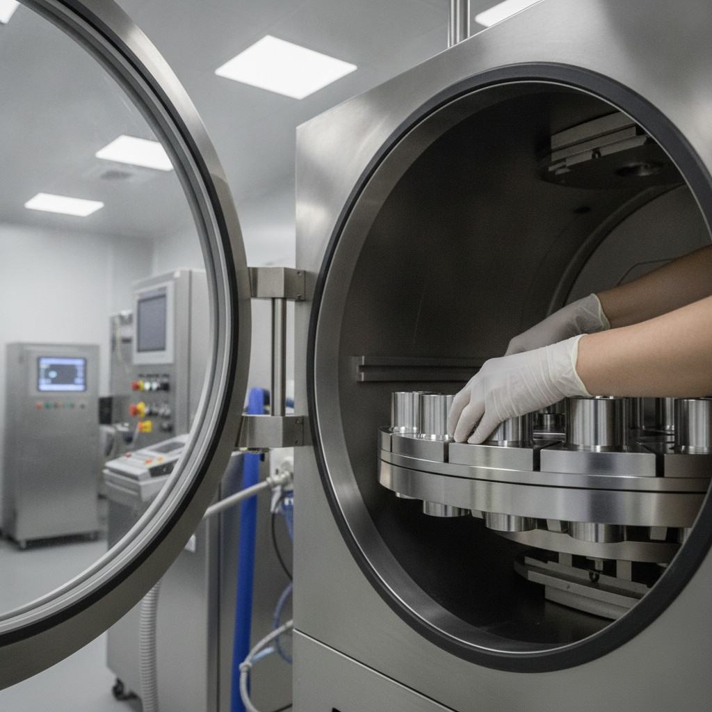 Technician loading stainless steel parts onto a carousel fixture inside a PVD chamber at a Woodbridge facility for production finishing