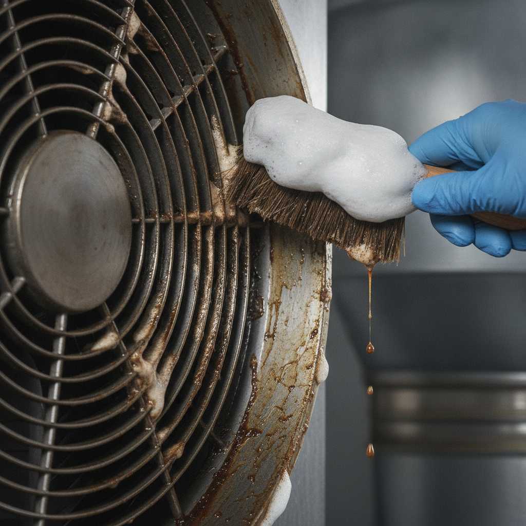 Close-up kitchen exhaust fan cleaning with degreaser foam removing grease from fan blades in a commercial hood