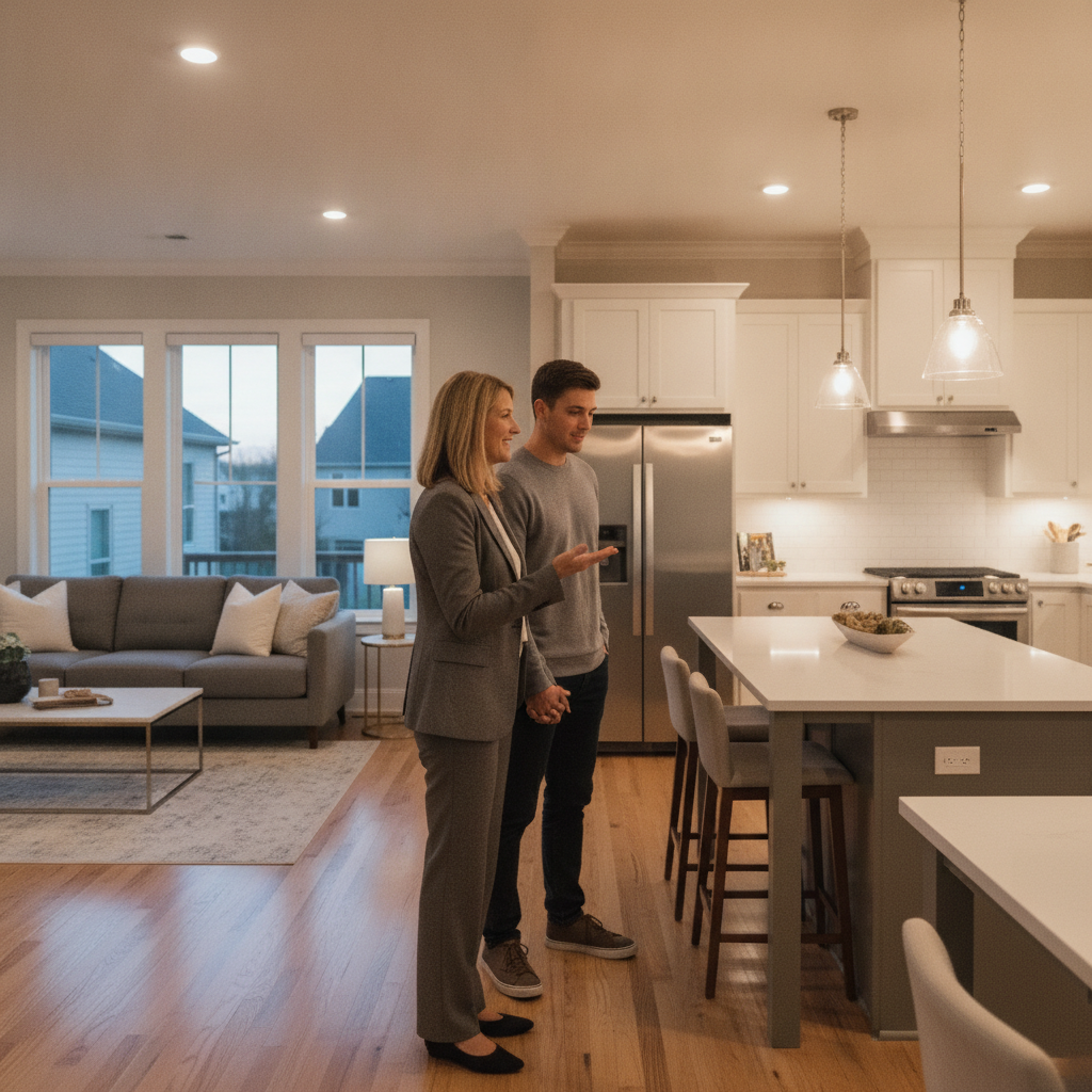 Real estate agent guiding clients through a suburban home showing in Cambridge–Kitchener–Waterloo, highlighting open-concept layout and broker-led tour strategy