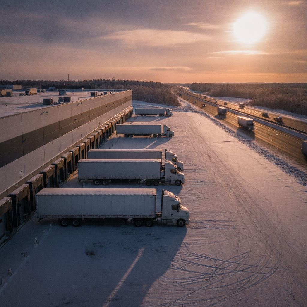 Interprovincial logistics scene with trucks departing a warehouse, symbolizing cross‑province operations