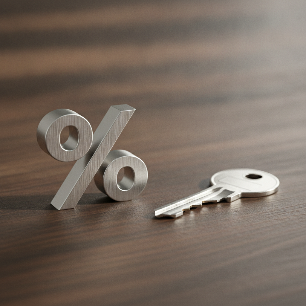 Close-up of a percentage symbol and house key representing a low rate home loan comparison concept
