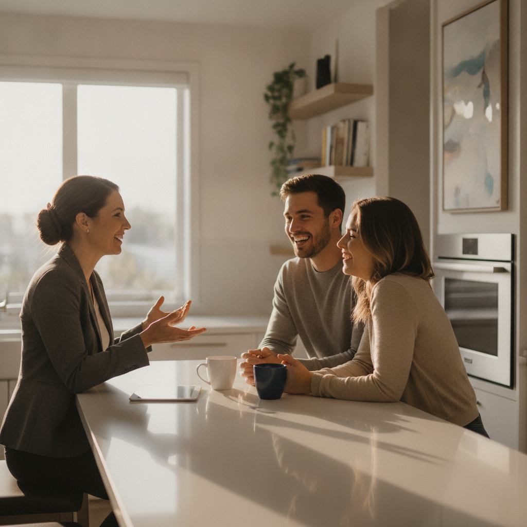 Mortgage broker meeting clients at a kitchen island to structure a low rate home loan refinance