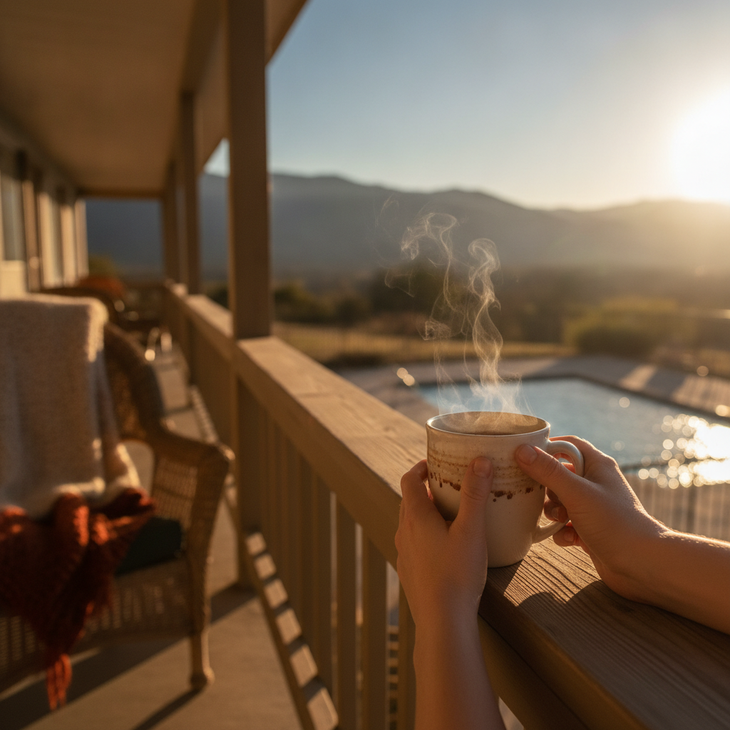 Enclosed porch at Briarcliff Motel with coffee and hotel view of White Mountains and heated outdoor pool in North Conway