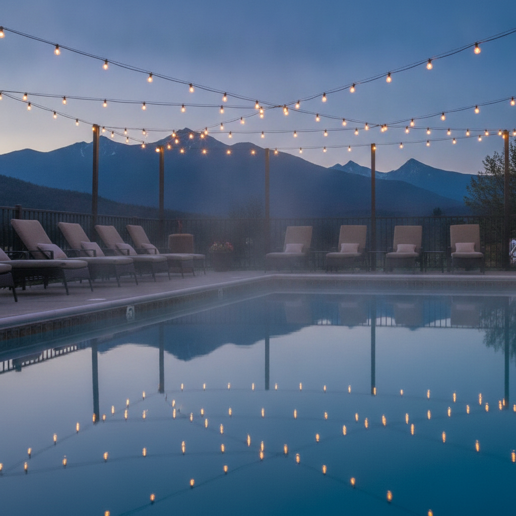 Blue-hour hotel view of Briarcliff Motel heated outdoor pool with White Mountains silhouette in North Conway, inviting twilight scene
