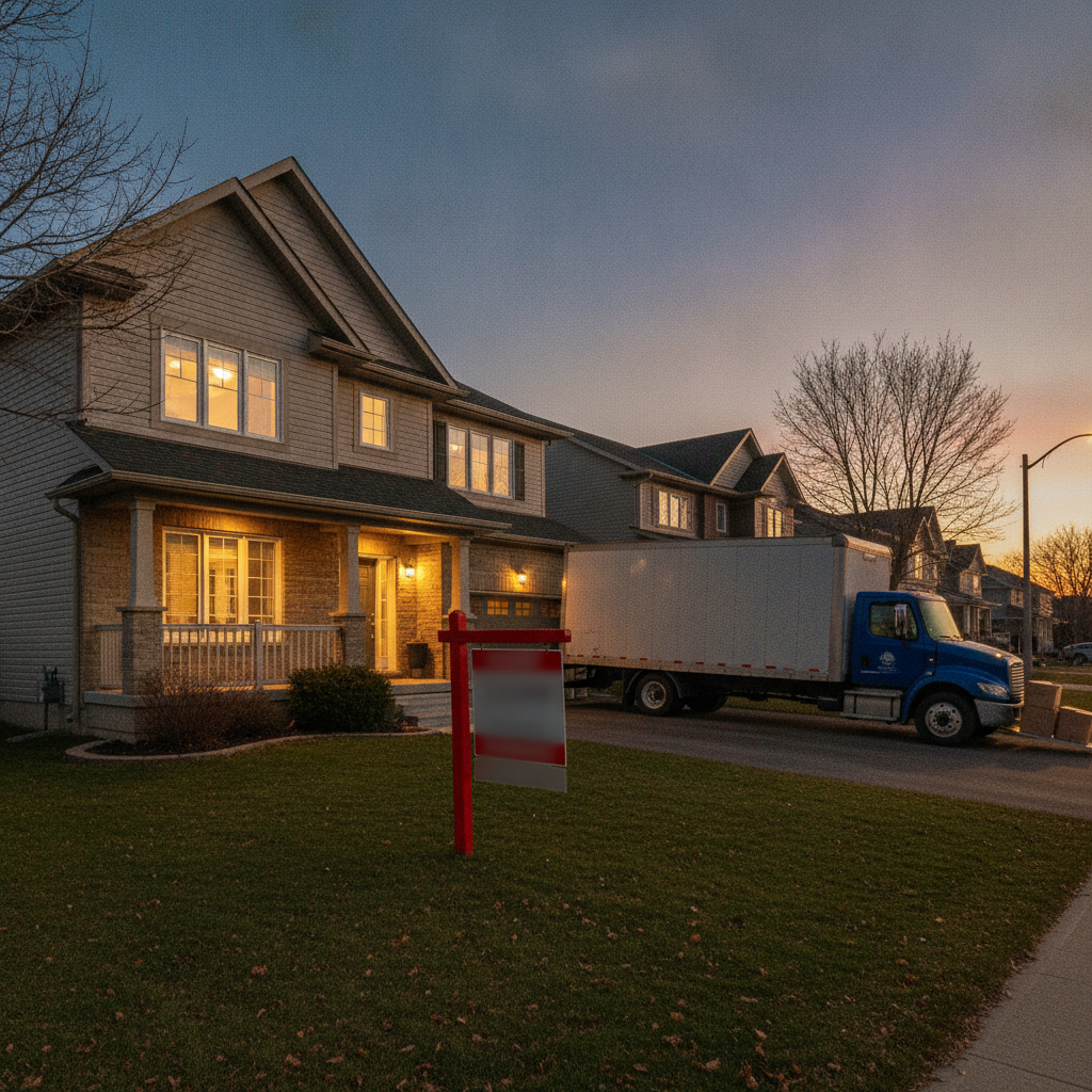 Side-angle view of a suburban home at dusk with a sold sign and moving truck, representing a successful Brampton closing after planning the cost to buy a home
