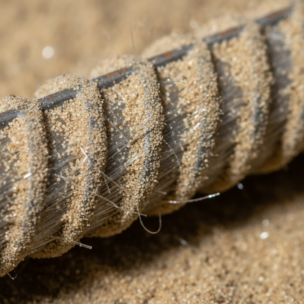 Macro close-up of sand-coated fiberglass reinforcement bar (GFRP) surface showing rib pattern for concrete bond