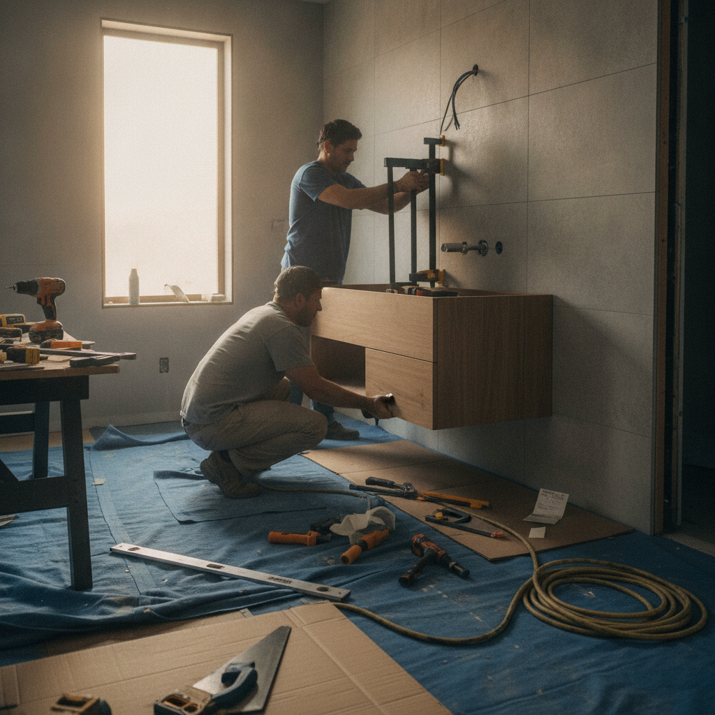 Contractors installing a floating vanity during a bathroom remodel with protected floors and organized tools in ON