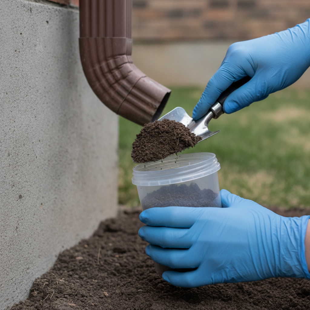 Detail soil sampling near a commercial building downspout during an environmental inspection in the Toronto GTA