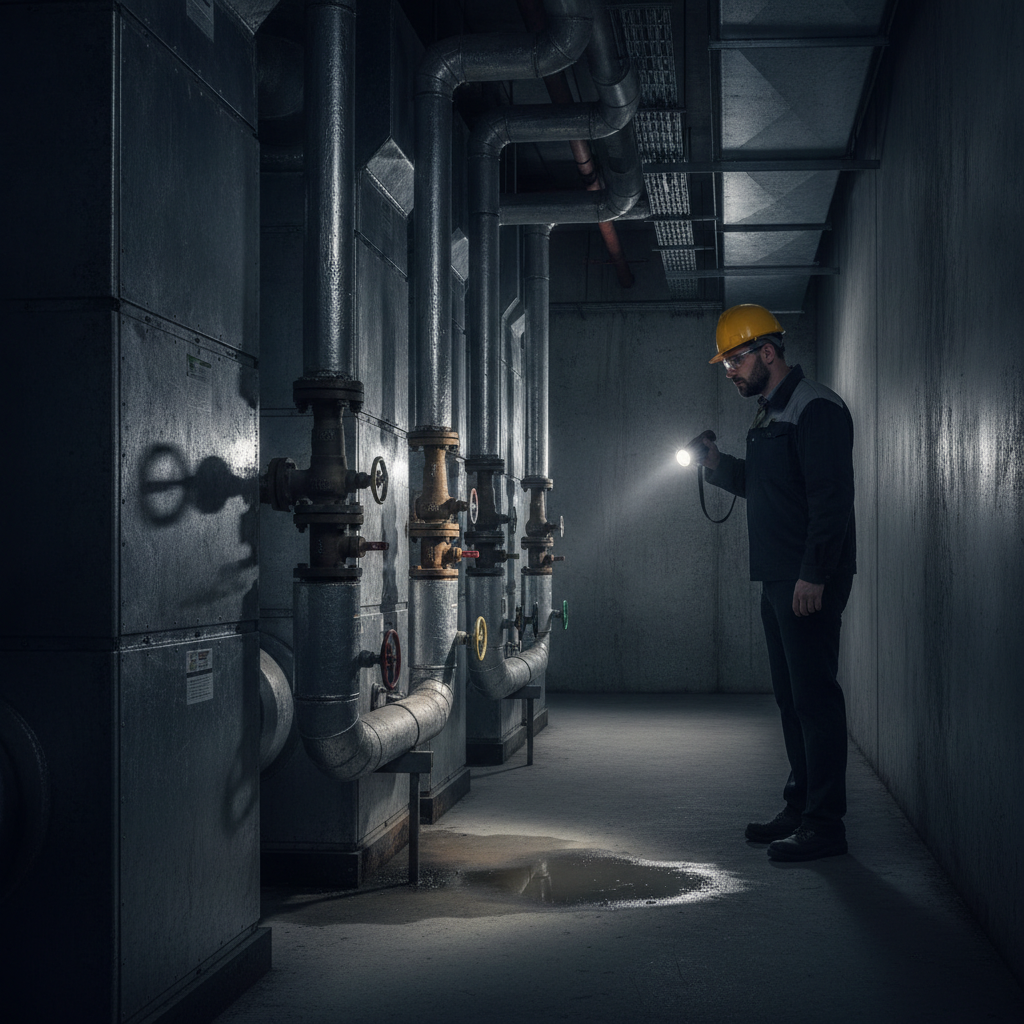 Inspector reviewing HVAC air handlers and insulated piping for leaks and corrosion during a commercial property environmental inspection
