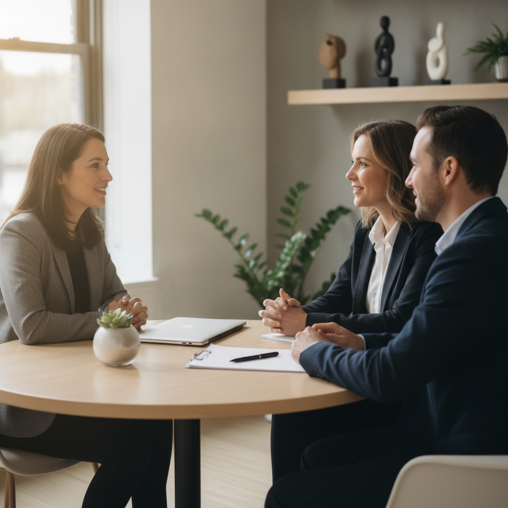 Consultation scene of an astrologer guiding a couple through a relationship compatibility chart and action plan