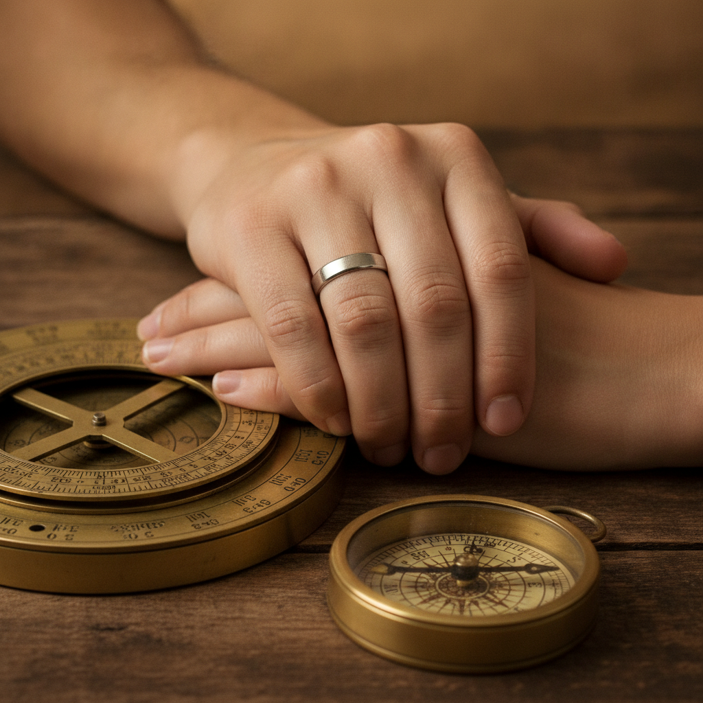 Detail shot of two hands over a vintage astrolabe symbolizing a relationship compatibility chart for couples with Vedic astrology context