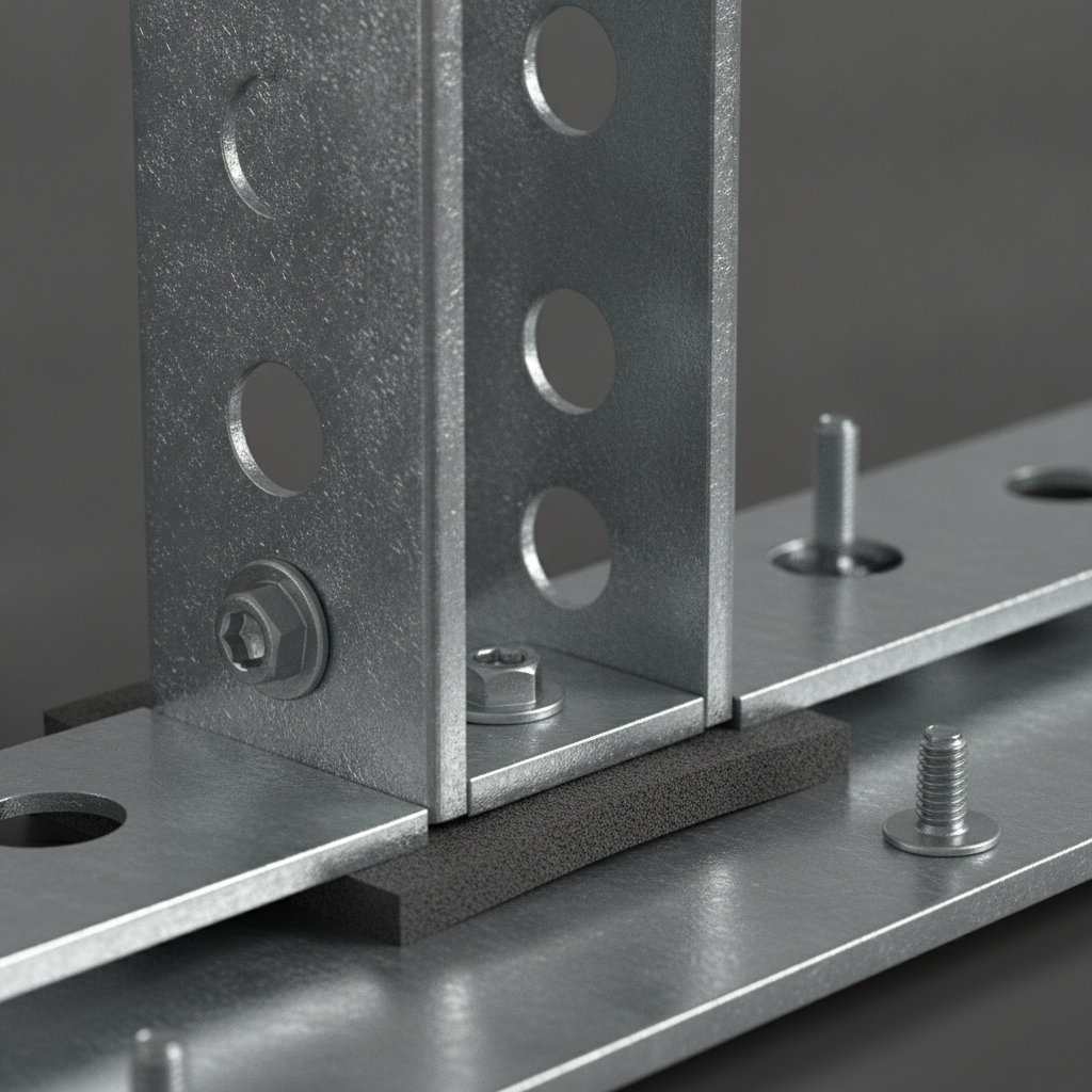 Close-up detail of drywall metal stud in slotted deflection track showing gasket and fasteners for head-of-wall movement