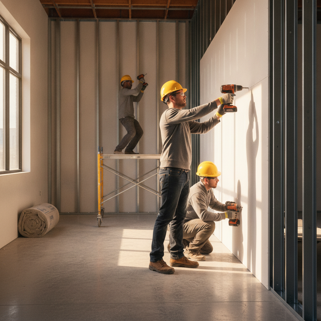 Crew fastening gypsum board to steel studs with cordless drivers on a clean interior framing site