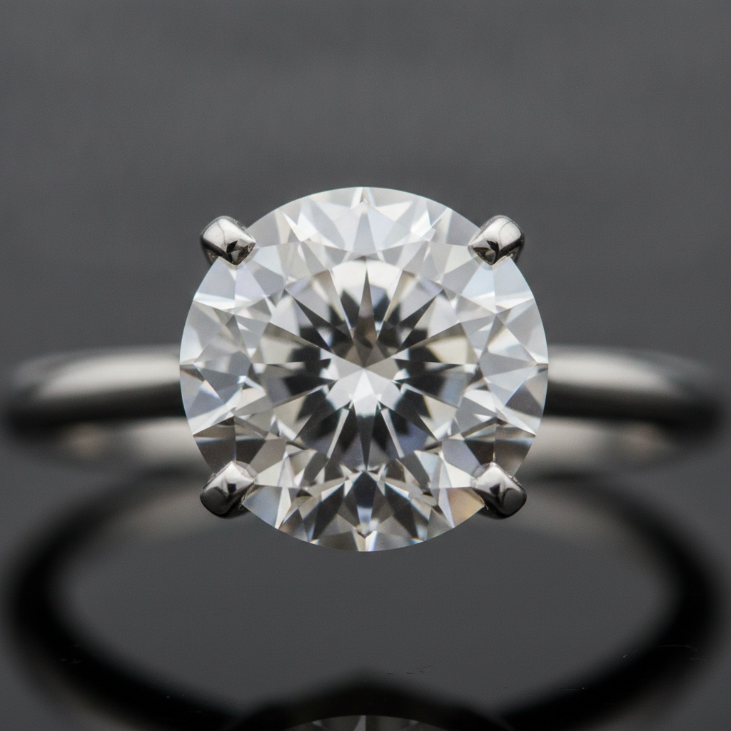 Close-up of a 1 carat round brilliant diamond in a six-prong solitaire setting showing facets and polish for a wedding ring
