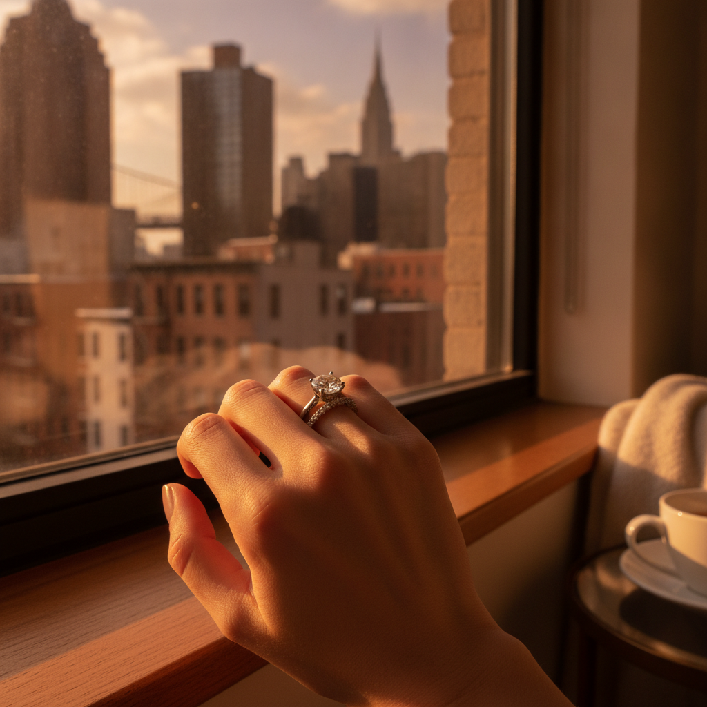 Lifestyle shot of a 1 carat diamond solitaire stacked with a slim eternity band in a Manhattan setting