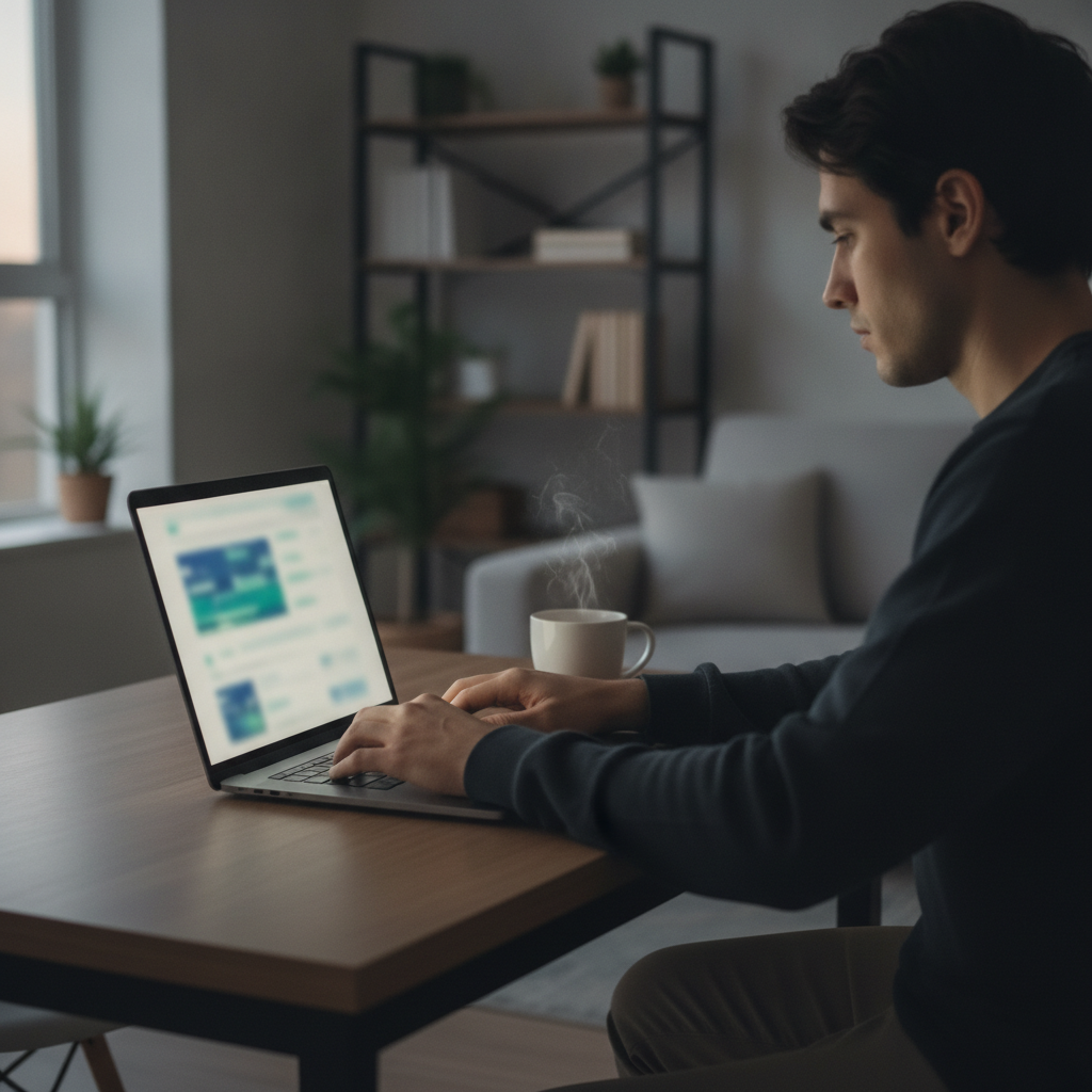 Side-angle view of an entrepreneur using a laptop to file incorporation online with a government portal, illustrating how to register a corporation efficiently