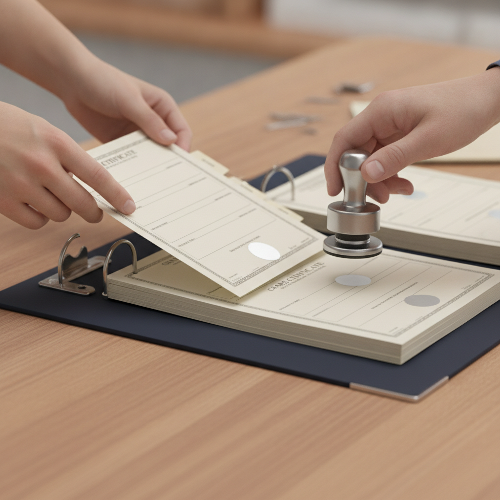 Close-up of a corporate minute book with binder rings, company seal embosser, and share certificates used to register a corporation in Ontario