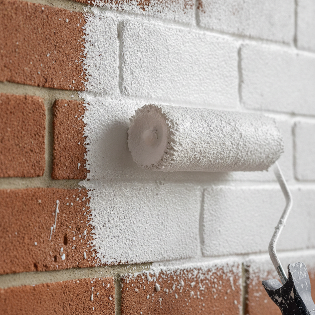 Close-up of a roller applying white masonry primer to textured brick for a clean, modern exterior finish in Milton
