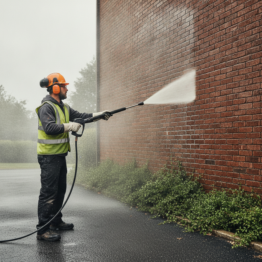 Professional power washing of a brick facade before white paint application, showing clean prep work and safety gear