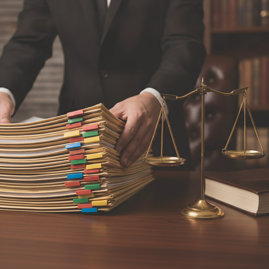 Close-up of a lawyer organizing refugee appeal case files with color-coded tabs and a brass scale of justice on a desk in Brampton office, illustrating RAD filing preparation