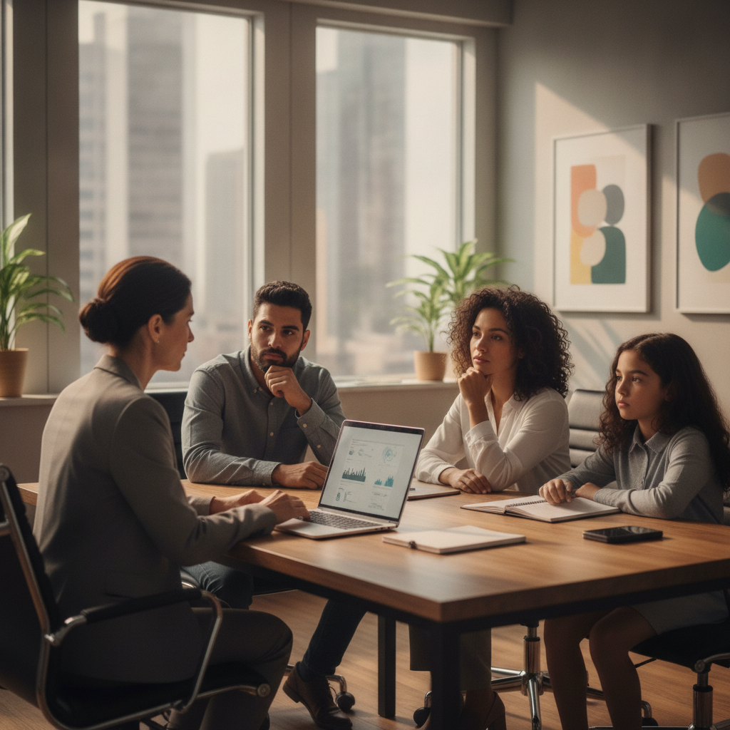 Attorney meeting with a diverse family in a bright Brampton office, discussing refugee appeal options and timelines for Canada’s Refugee Appeal Division