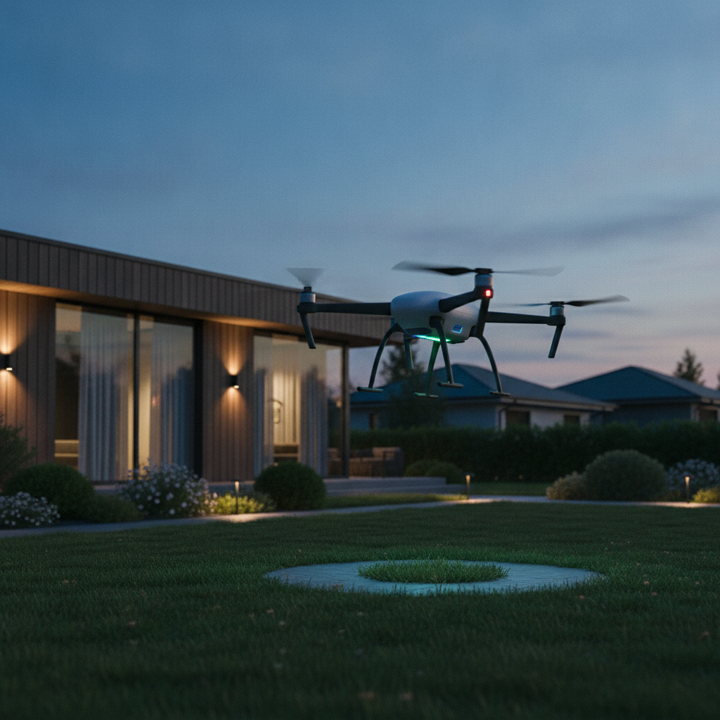 Drone launching at blue hour to capture a suburban Maple Ridge home exterior for real estate media