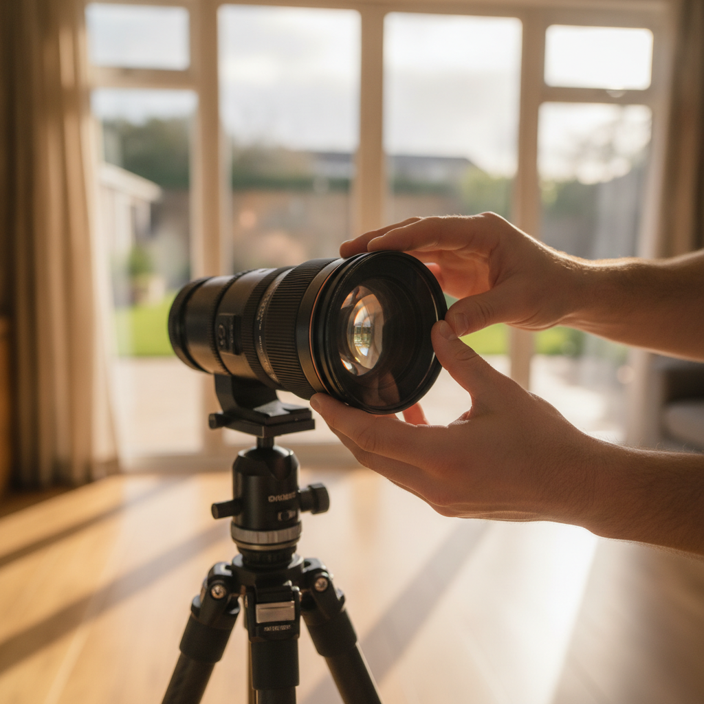 Close-up of real estate photography gear adjusting a polarizing filter for HDR photos, Maple Ridge BC listing