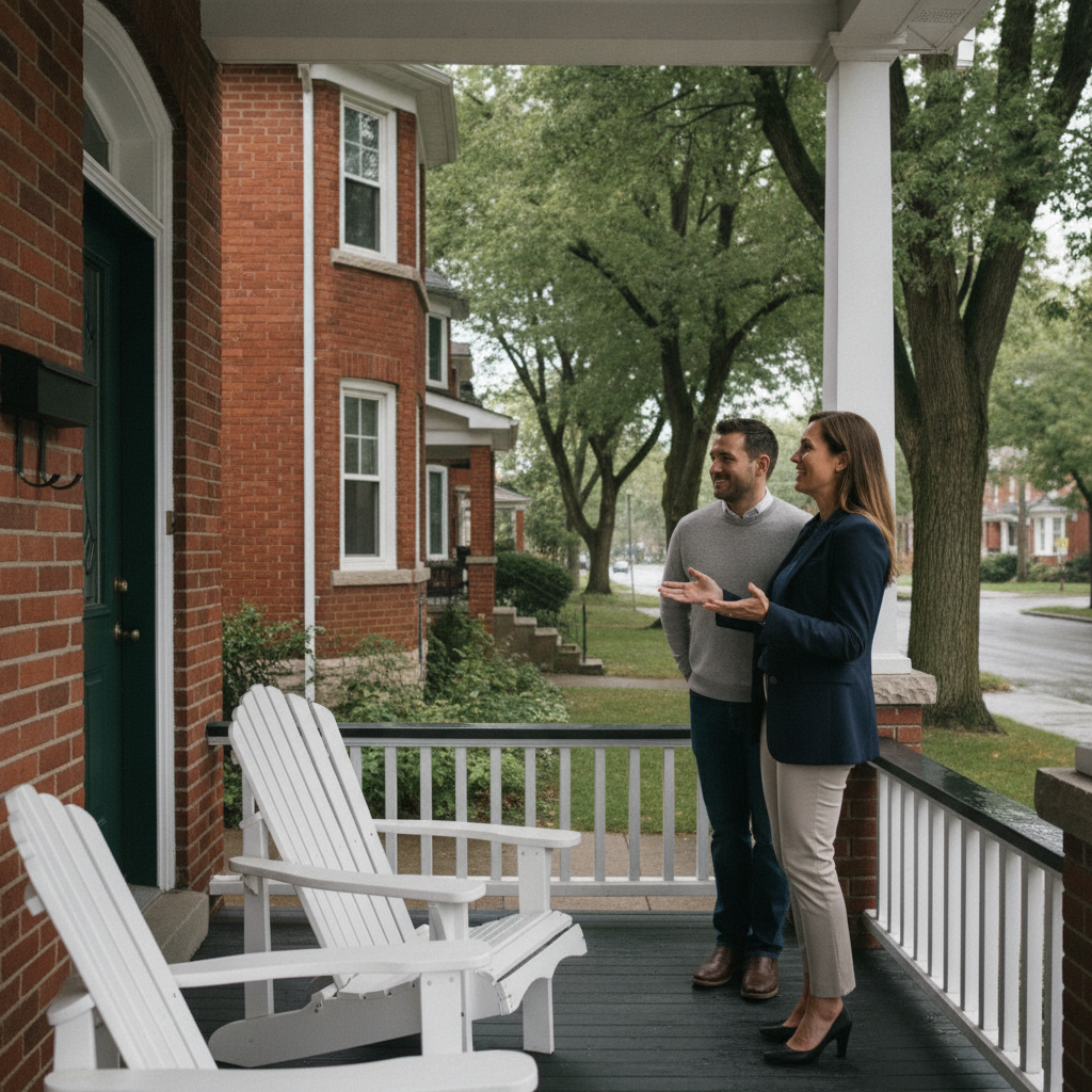 Toronto real estate agent meeting homeowners on front porch to review valuation steps and launch timing