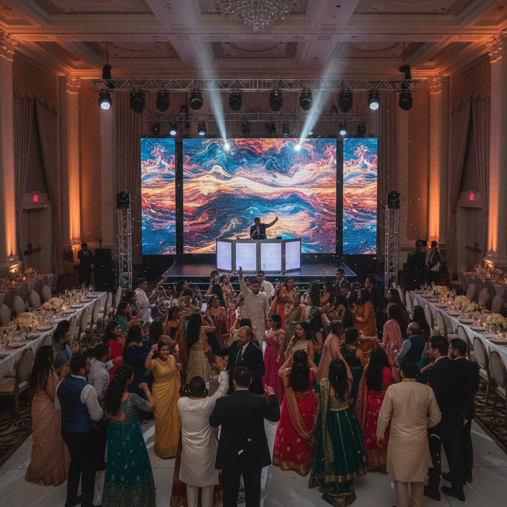 South Asian wedding reception overview with LED wall, dynamic lighting, dance floor, and DJ booth by a full-service event production company