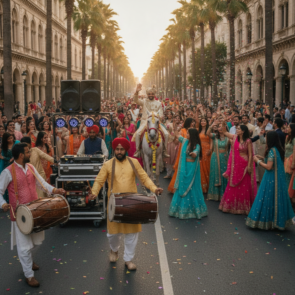 Outdoor baraat with mobile DJ cart and dhol players managed by a full-service event production company at golden hour