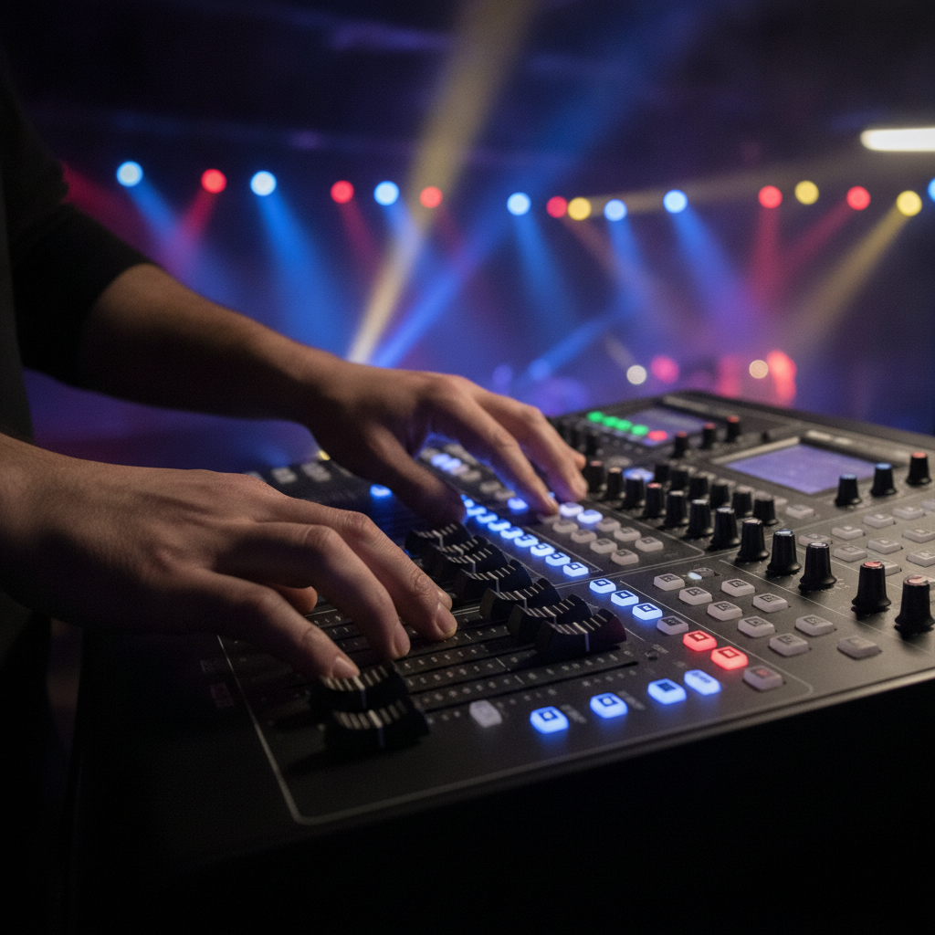 Close-up of DMX lighting console controls used by a full-service event production company for Indian wedding lighting in Atlanta