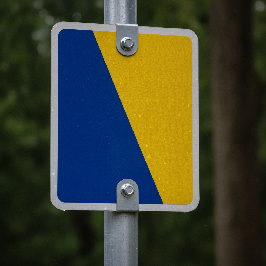 Close-up of high-contrast outdoor directional sign arrow with reflective vinyl for real estate wayfinding