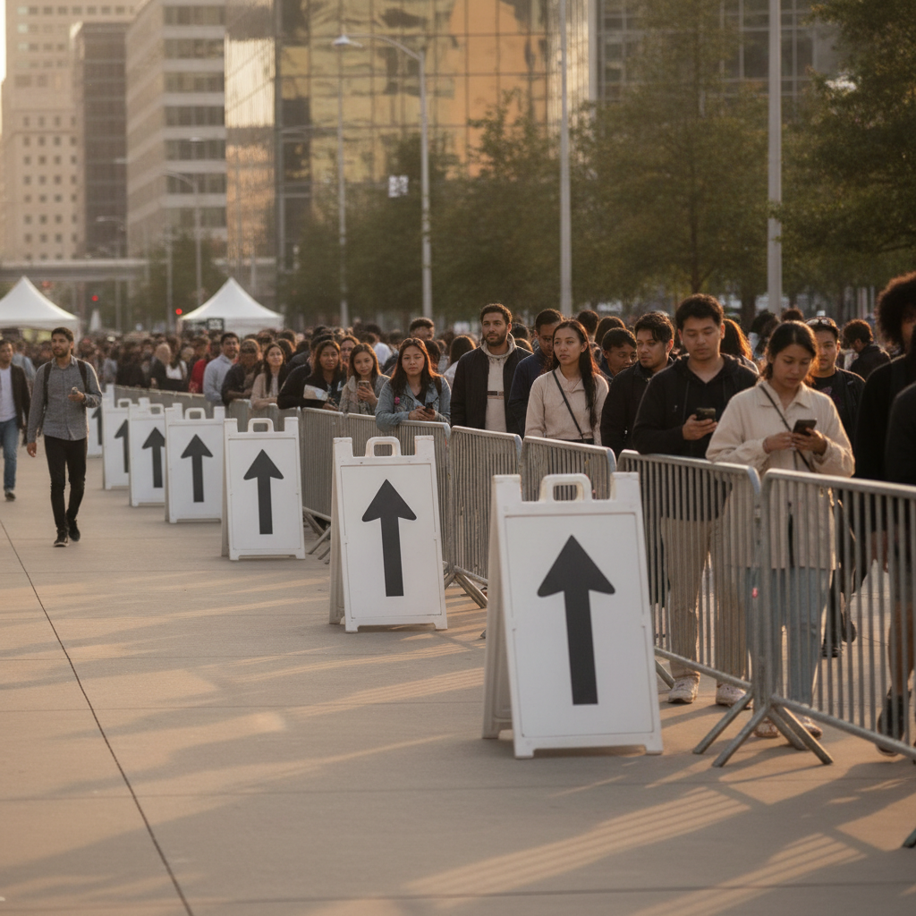 Outdoor event walkway with A-frame directional boards guiding visitors using clear arrow icons