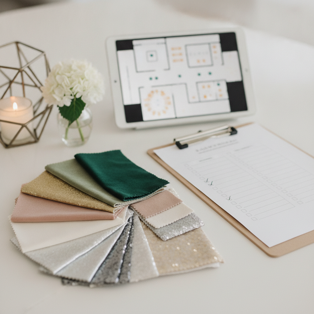 Detail shot of planning tools for party planners in London, UK: color swatches, fabric samples, floor plan on tablet, and run-of-show clipboard