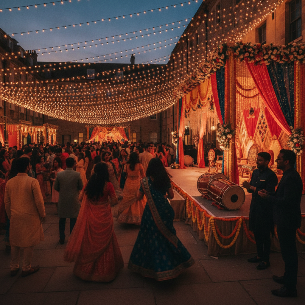 Evening sangeet celebration in London with string lights, vibrant stage décor, and dancers—planned by a London UK party planner