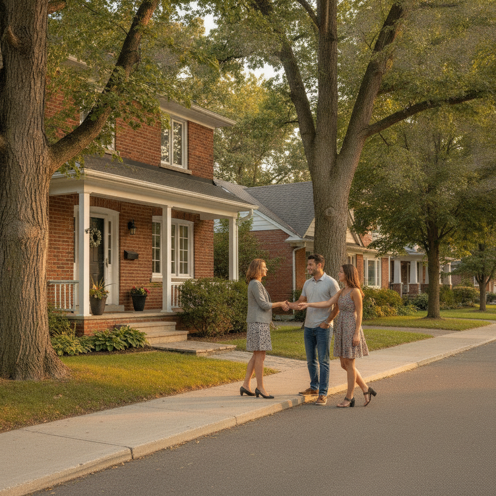 Real estate agent greeting buyers at a Mississauga detached home, supporting clients searching for houses for sale in Ontario