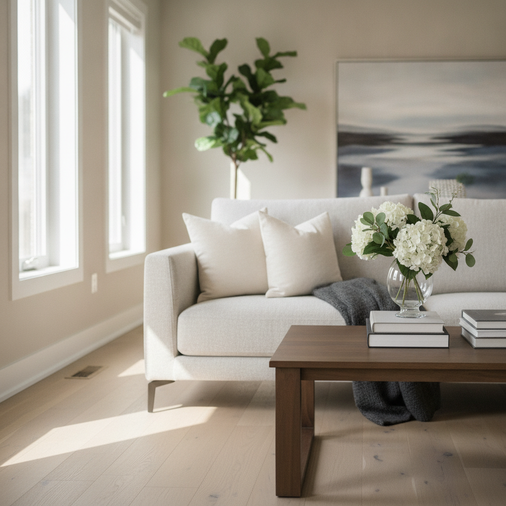 Staged living room in an Ontario home for sale, bright natural light and neutral design for buyers seeking houses for sale in Ontario