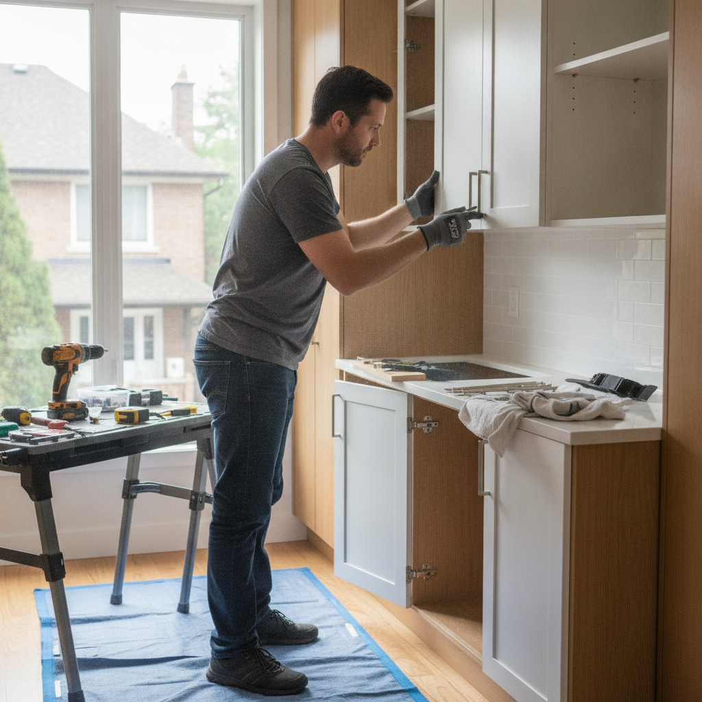Technician installing refaced cabinet doors and hardware during a Toronto kitchen cabinet renovation