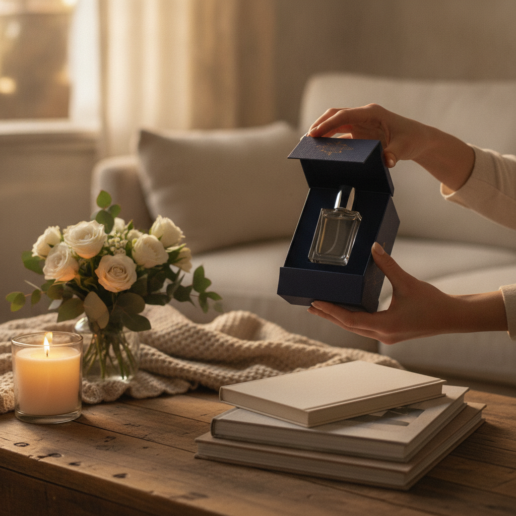 Lifestyle unboxing of a premium fragrance package on a coffee table, perfect for online perfume gifting
