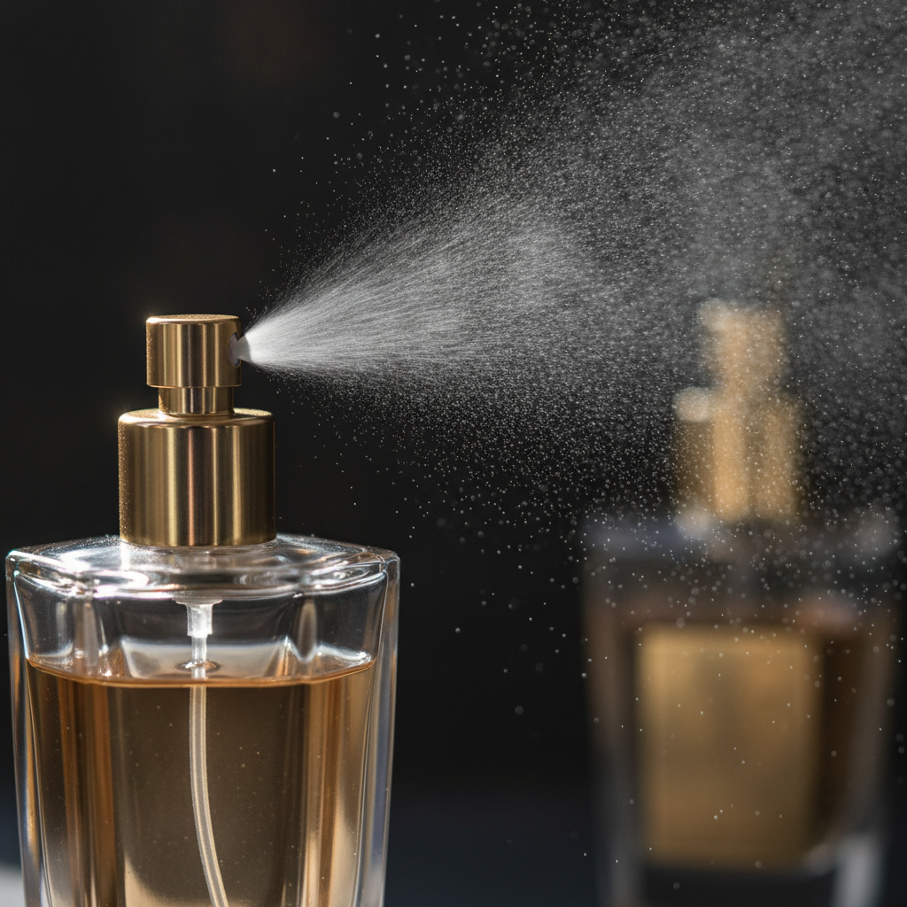 Close-up of a luxury perfume atomizer spraying fine mist, illustrating application and projection for long-lasting perfumes