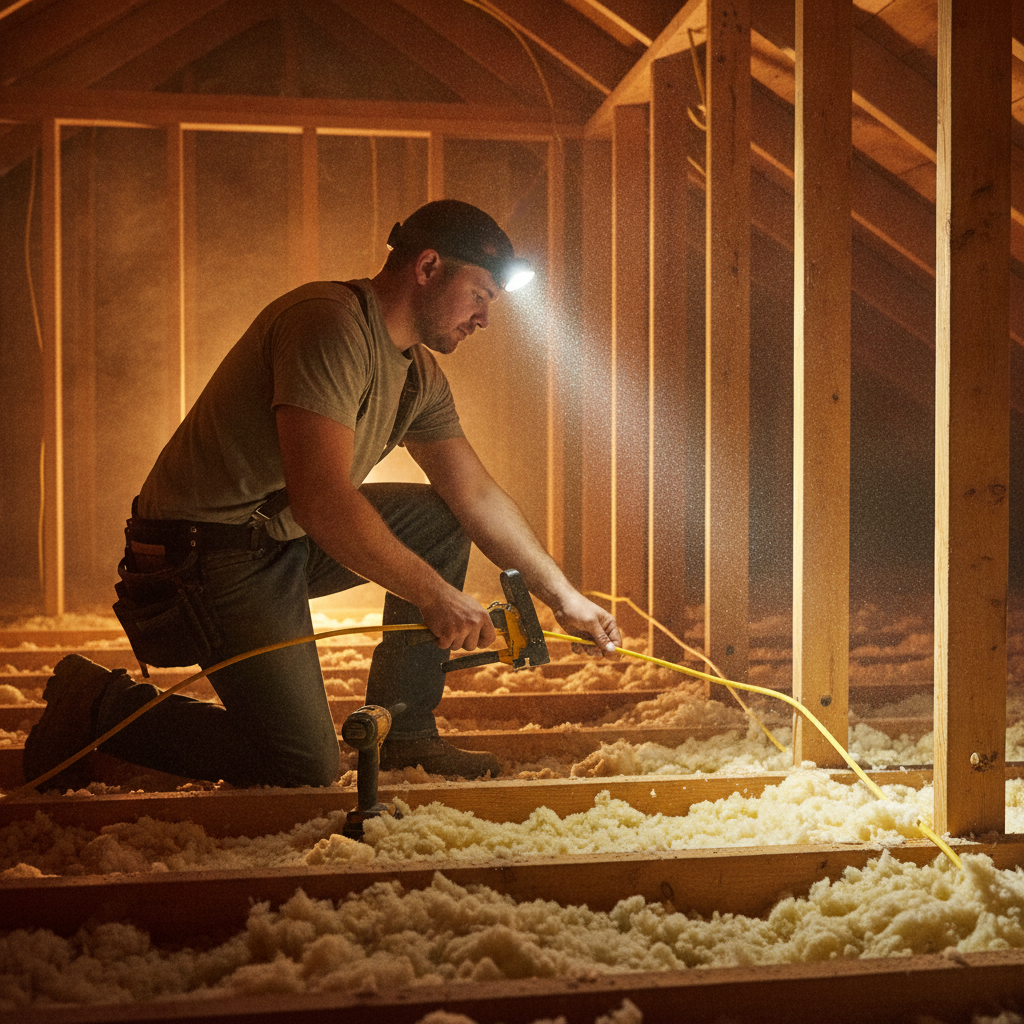 Electrician pulling NM-B cable in a Kingston, TN attic during a phased whole home rewire