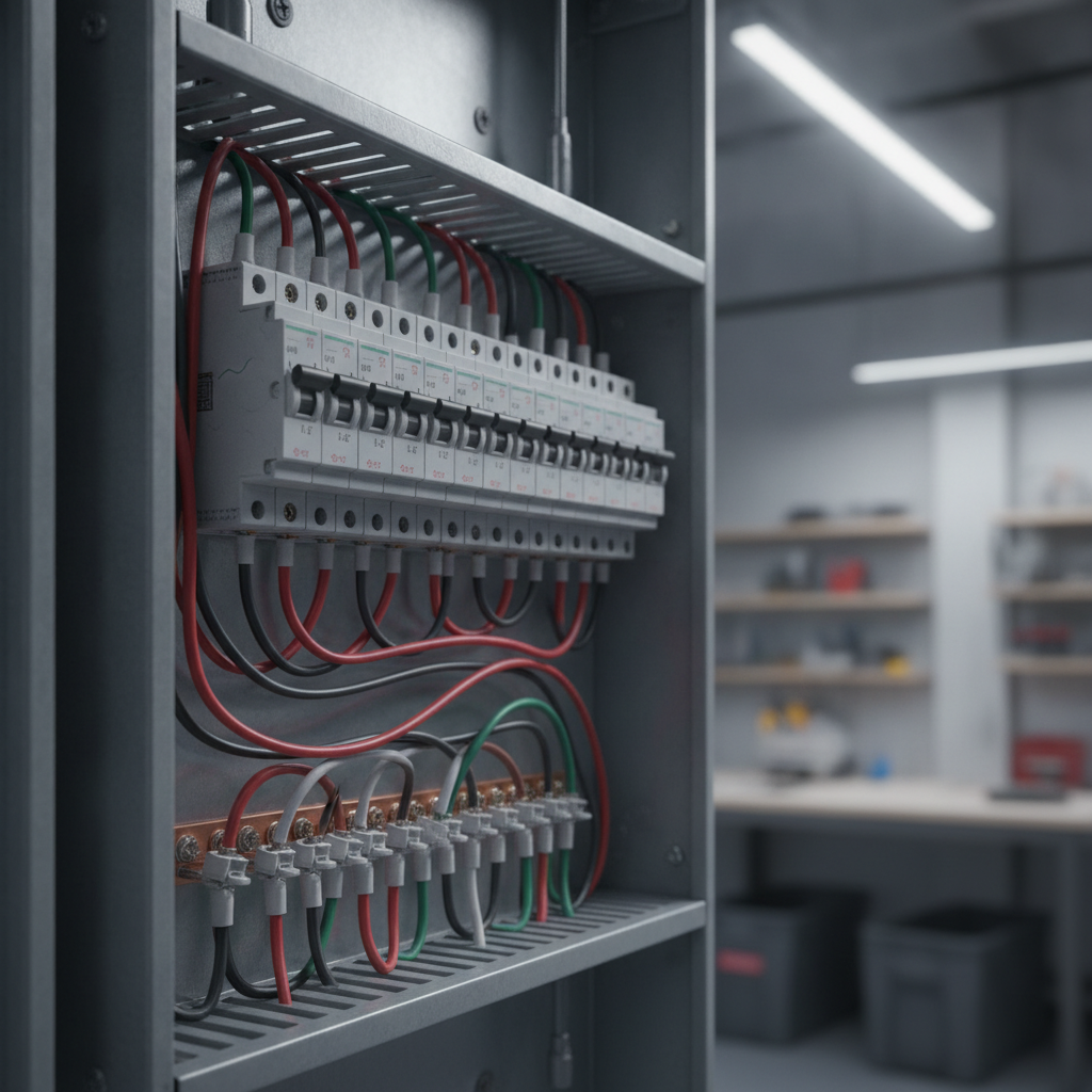 Modern electrical panel close-up with AFCI and GFCI breakers during whole home rewiring in Tennessee