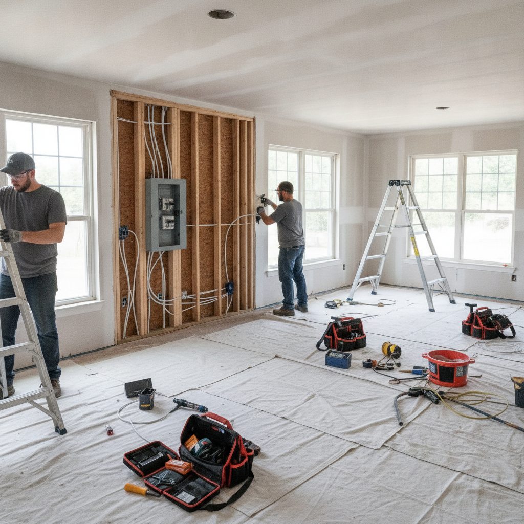 Licensed electricians rewiring a single-family home interior in Tennessee with open walls and modern cabling