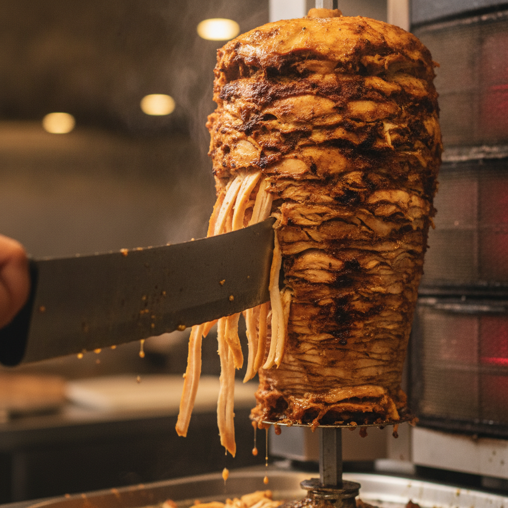 Close-up of chicken shawarma roasting on a vertical spit, perfect for fast Toronto pickup orders