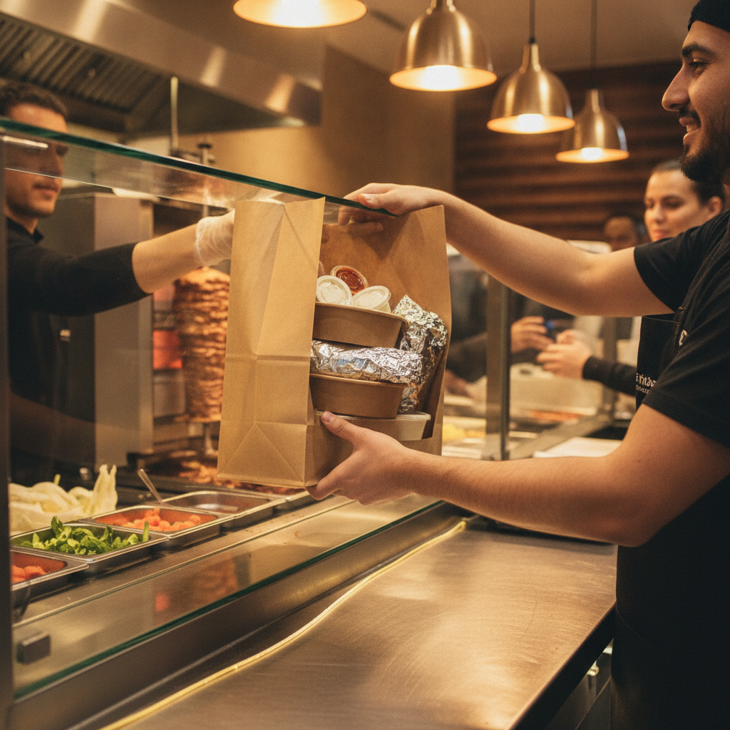 Takeout handoff at a shawarma counter with eco-friendly packaging ready for fast pickup