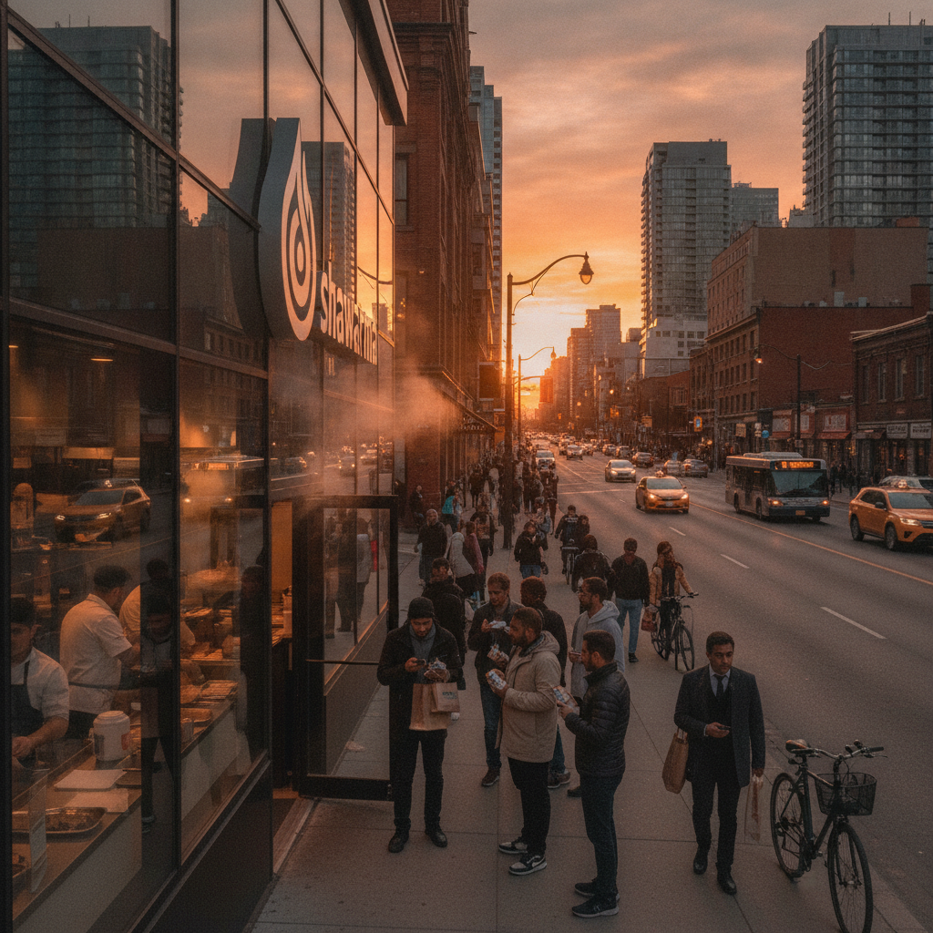 Busy Toronto street outside a shawarma restaurant near Old Toronto with customers lining up for fast pickup orders